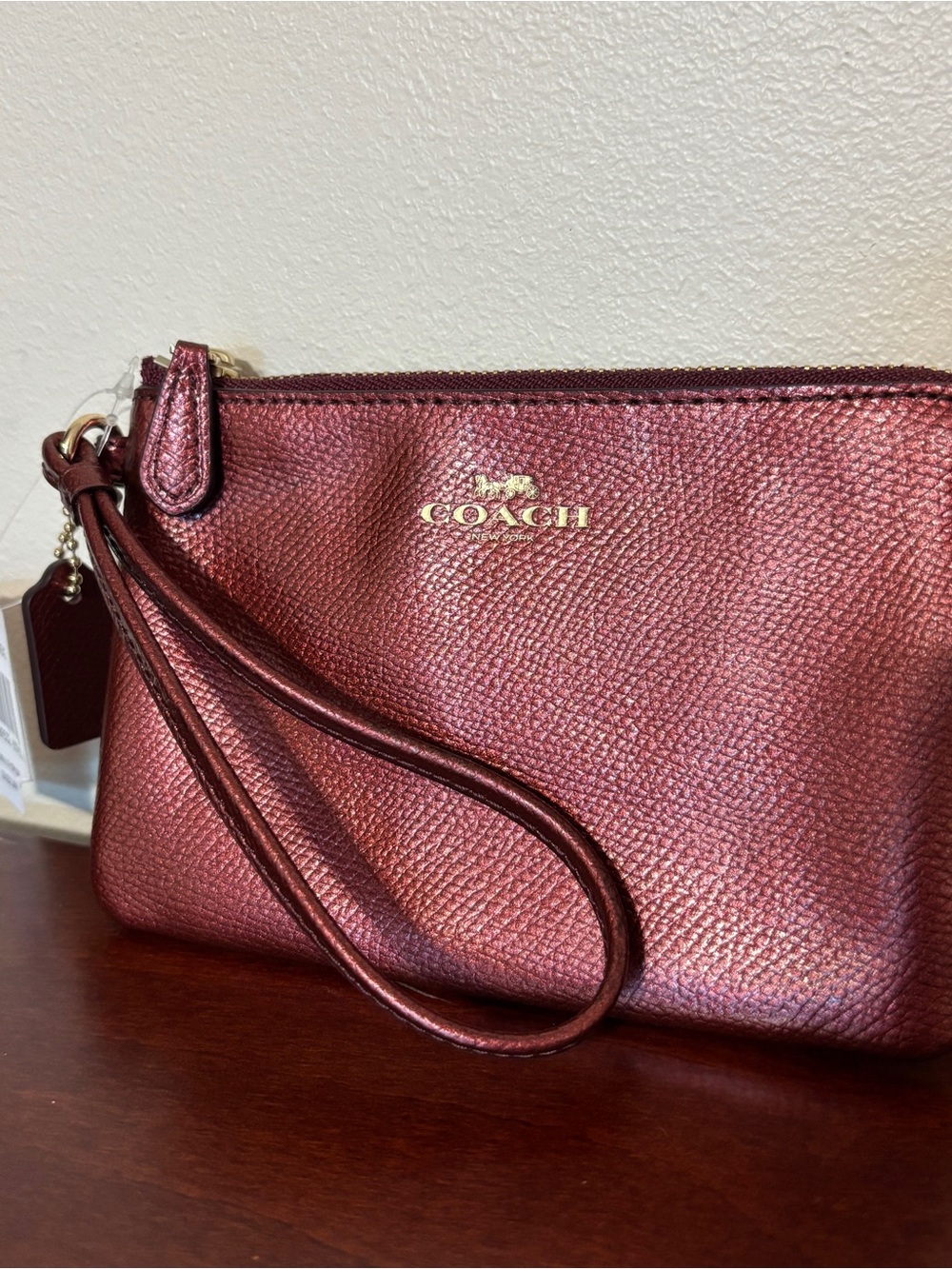 COACH Metallic Cherry Wine Red Wristlet Clutch NWT